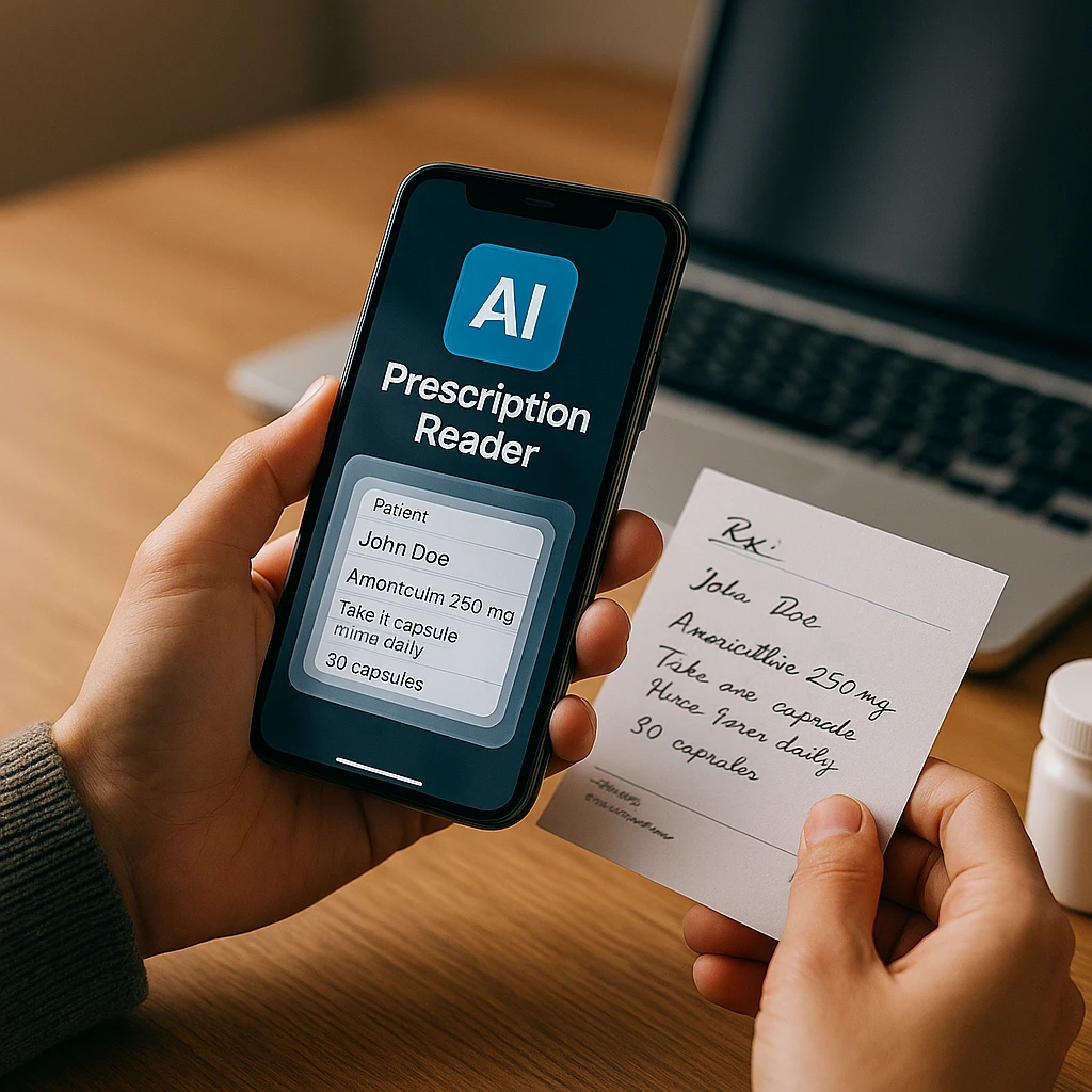 Collection of AI prescription reader apps displayed on smartphones showing handwritten prescriptions being scanned and converted to digital text